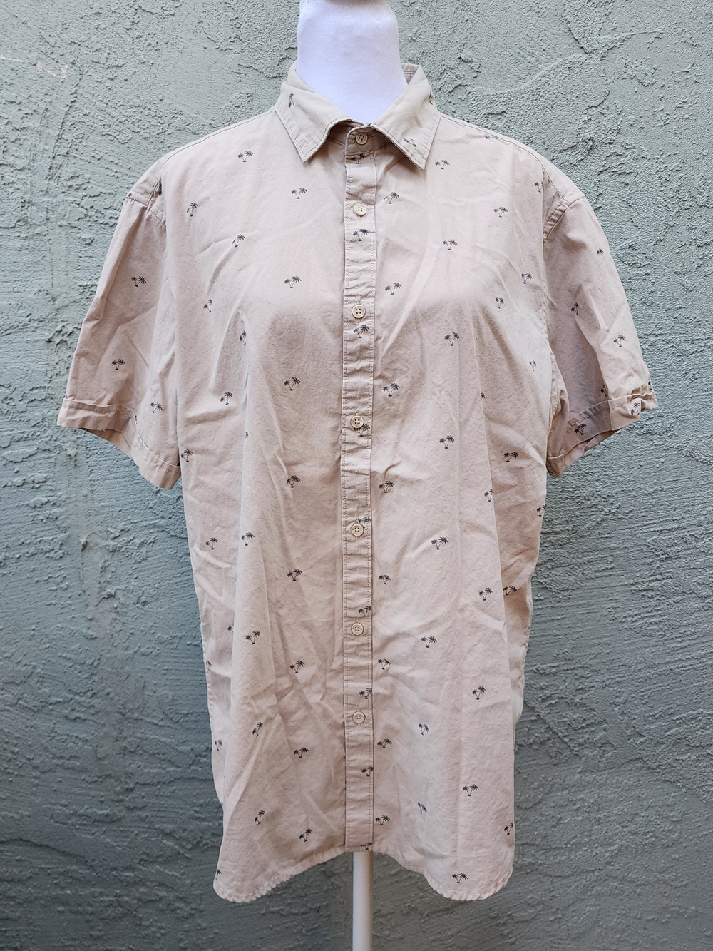 Denim & Flower Ricky Singh Tan Palm Tree Print Short Sleeve Button Down Shirt L